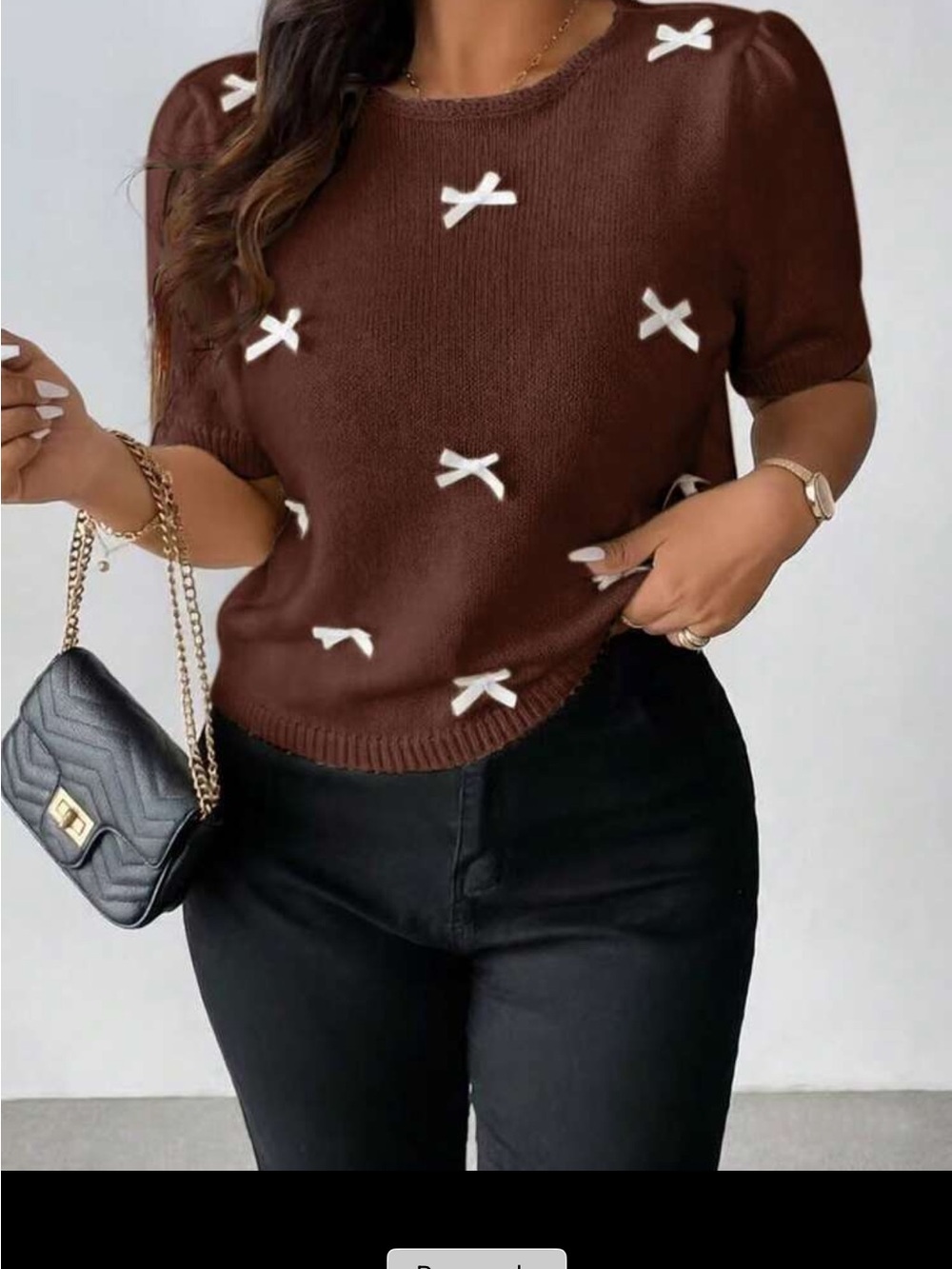 Brown Knit Bow-Accent Short Sleeve Sweater